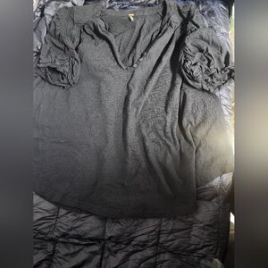 Free People Black Textured Blouse with Ruched Sleeves